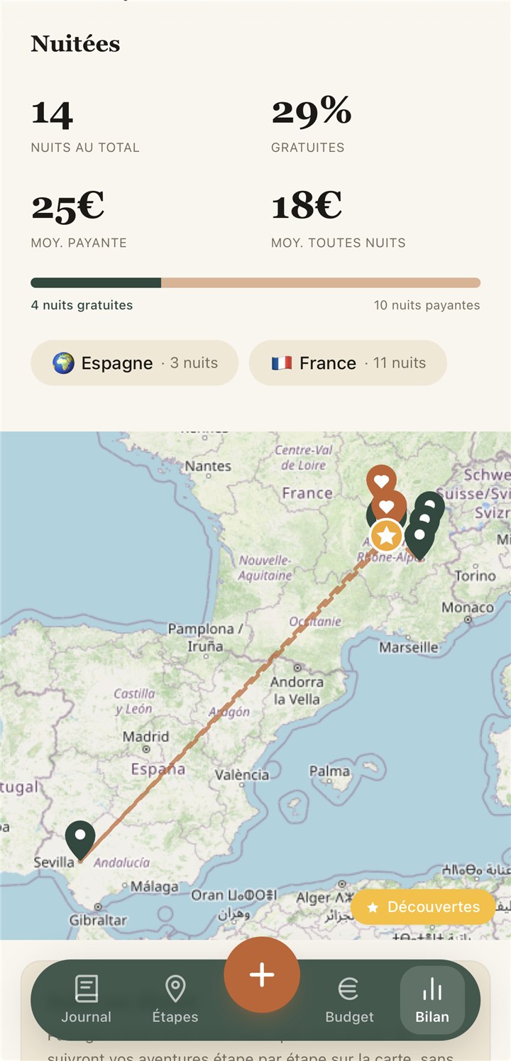 La carte du trajet complet d'un voyage