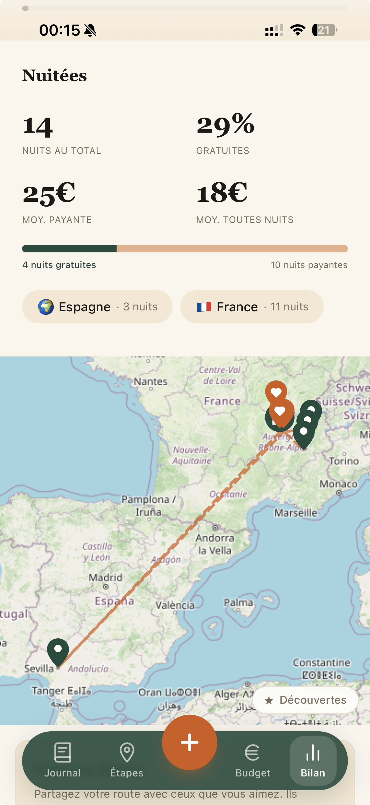 Le trajet d'un voyage en cours, avec les étapes reliées sur la carte